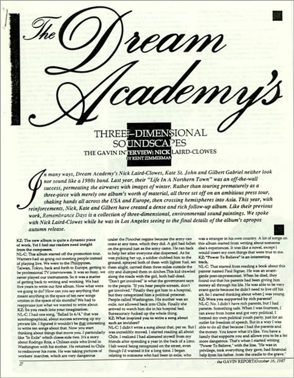 The Dream Academy Getting Your Feet Back US Promo media press pack DREPPGE108249