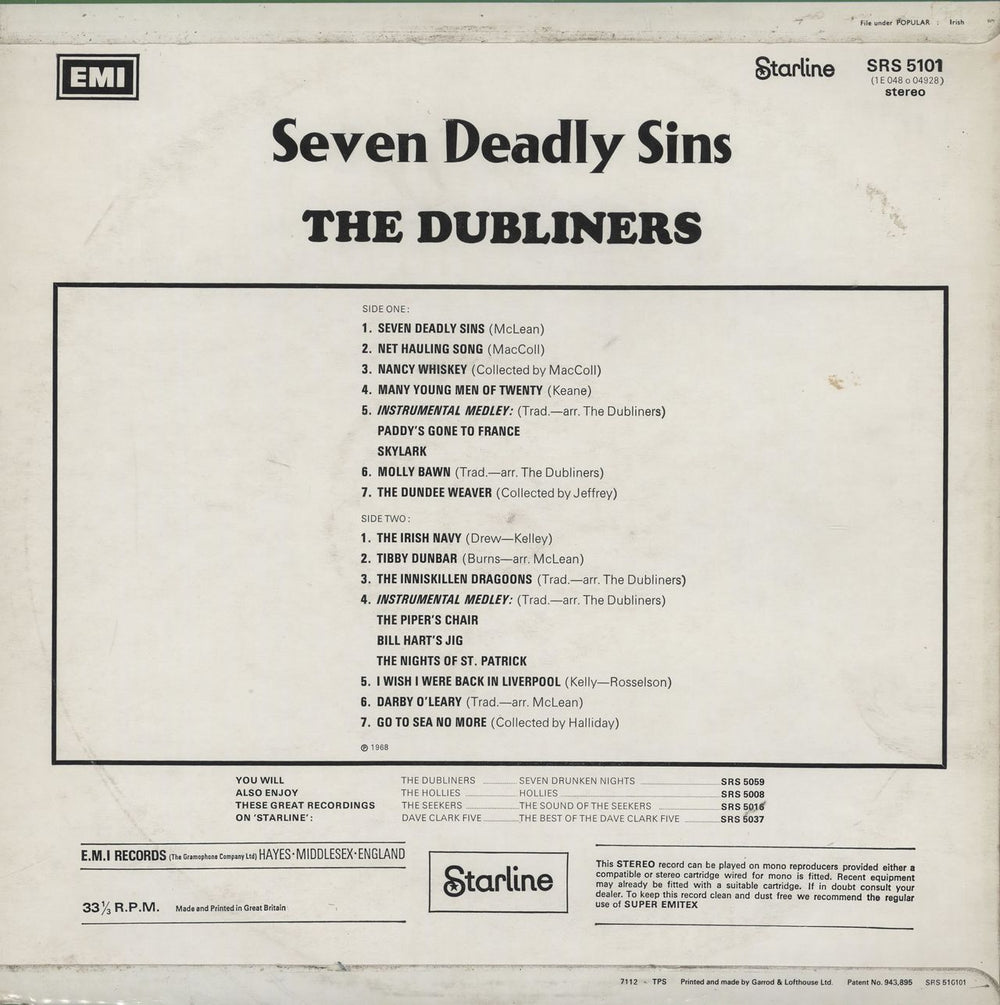 The Dubliners Seven Deadly Sins UK vinyl LP album (LP record)