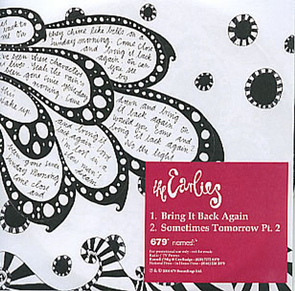 The Earlies Bring It Back Again UK Promo CD-R acetate CD-R ACETATE