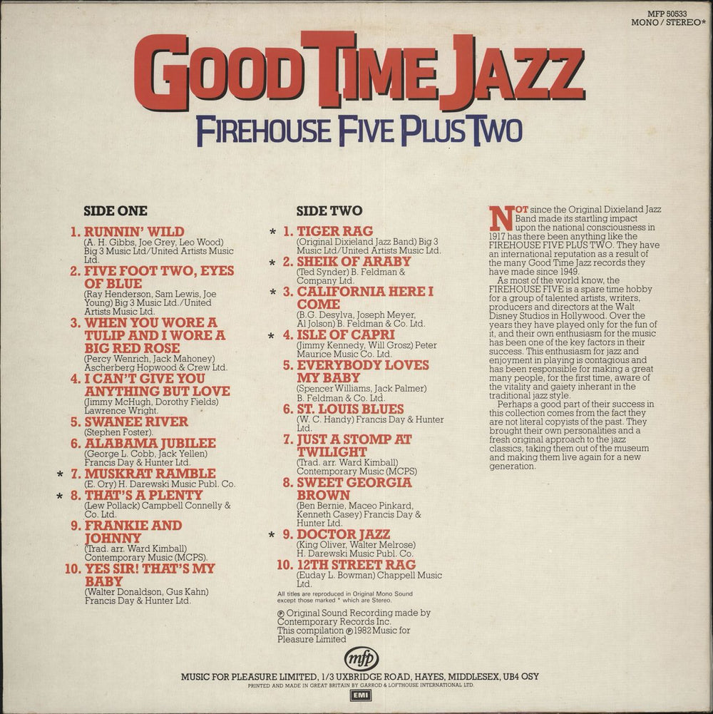 The Firehouse Five Plus Two Good Time Jazz UK vinyl LP album (LP record)