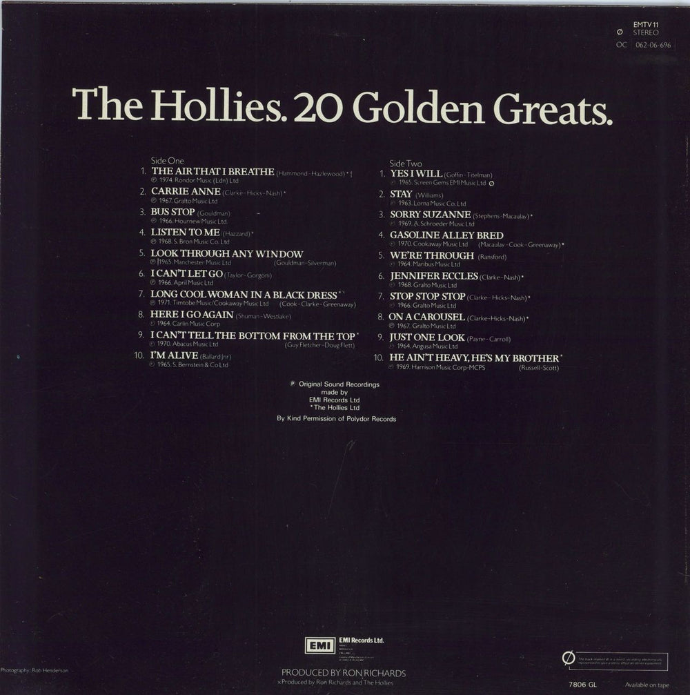 The Hollies 20 Golden Greats - glossy p/s UK vinyl LP album (LP record)