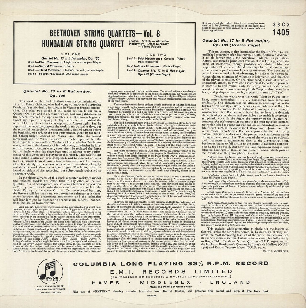 The Hungarian Quartet Beethoven: The String Quartets Volume Eight UK vinyl LP album (LP record)