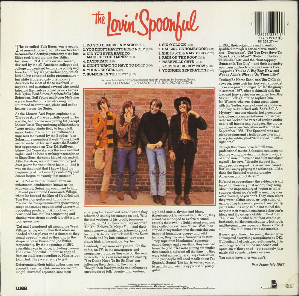 The Lovin' Spoonful Greatest Hits German vinyl LP album (LP record) 022925227416