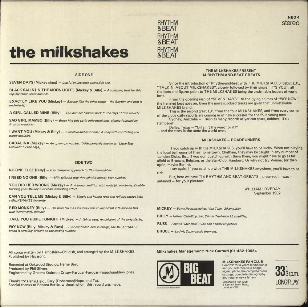 The Milkshakes Fourteen Rhythm & Beat Greats UK vinyl LP album (LP record)