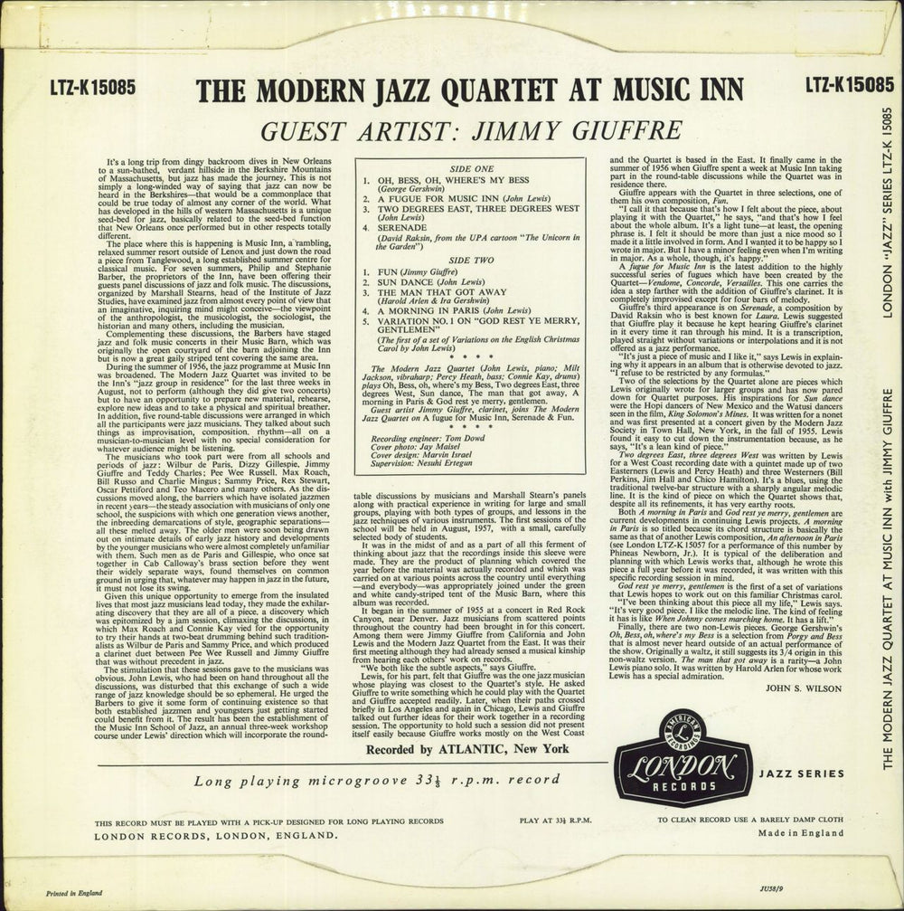 The Modern Jazz Quartet At Music Inn -  '58/9' p/s UK vinyl LP album (LP record)