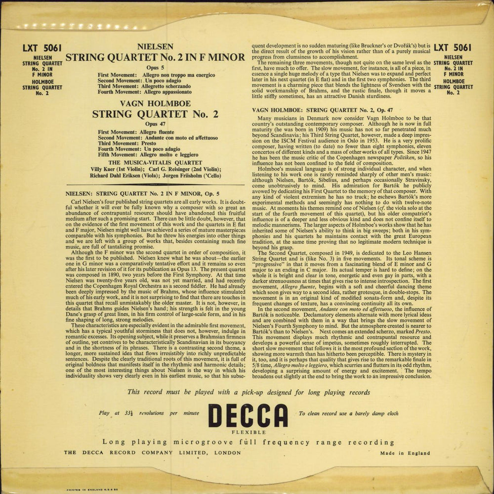 The Musica-Vitalis Quartet Nielsen: String Quartet No. 2 In F Minor / Holmboe: String Quartet No. 2, Opus 47 UK vinyl LP album (LP record)