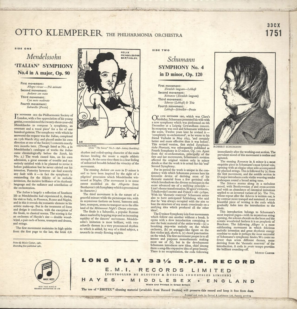 The Philharmonia Orchestra Mendelssohn: 'Italian' Symphony / Schumann: Symphony No. 4 UK vinyl LP album (LP record) UQ7LPME748147