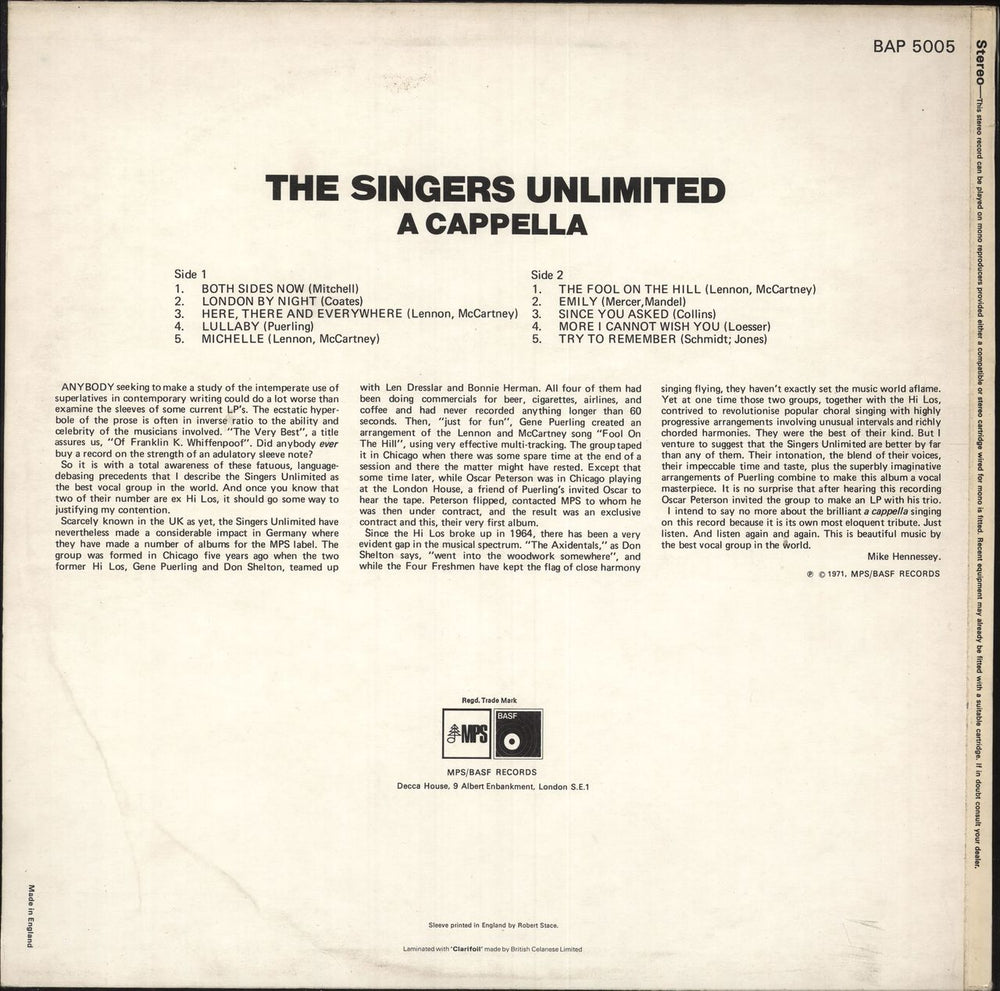 The Singers Unlimited A Cappella - Test Pressing UK vinyl LP album (LP record)