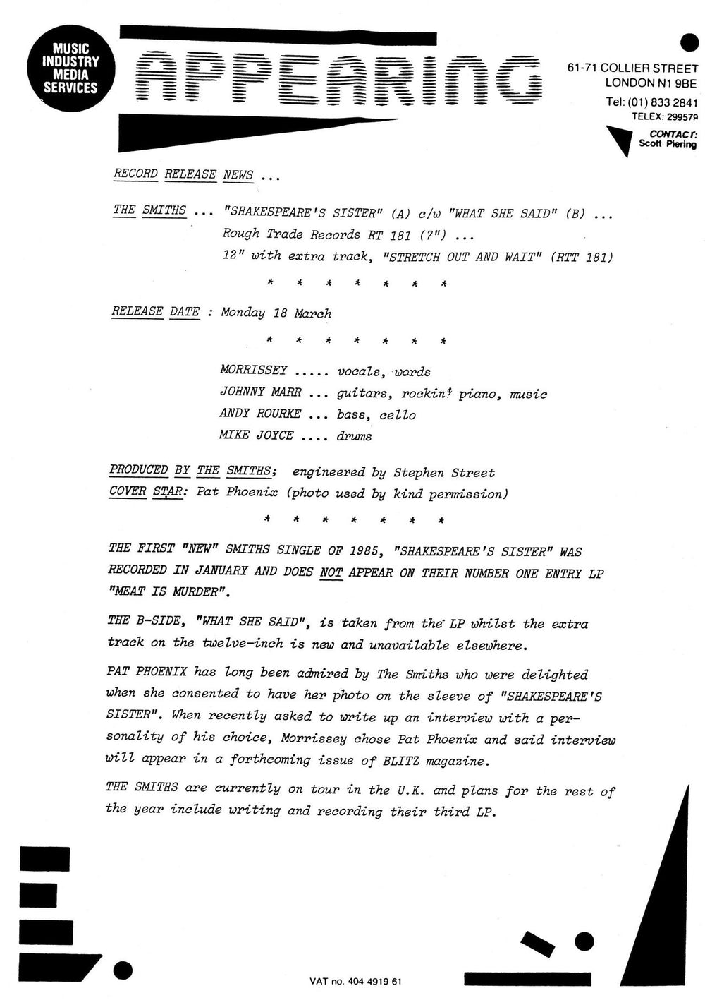 The Smiths Shakespeare's Sister - Solid centre + PR UK 7" vinyl single (7 inch record / 45)