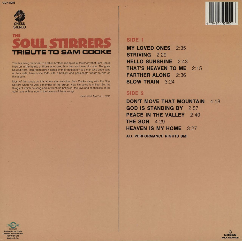 The Soul Stirrers Tribute To Sam Cooke Italian vinyl LP album (LP record) 084815010218