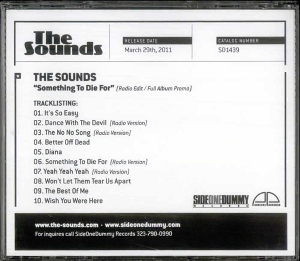 The Sounds Something To Die For US Promo CD album (CDLP) SD1439