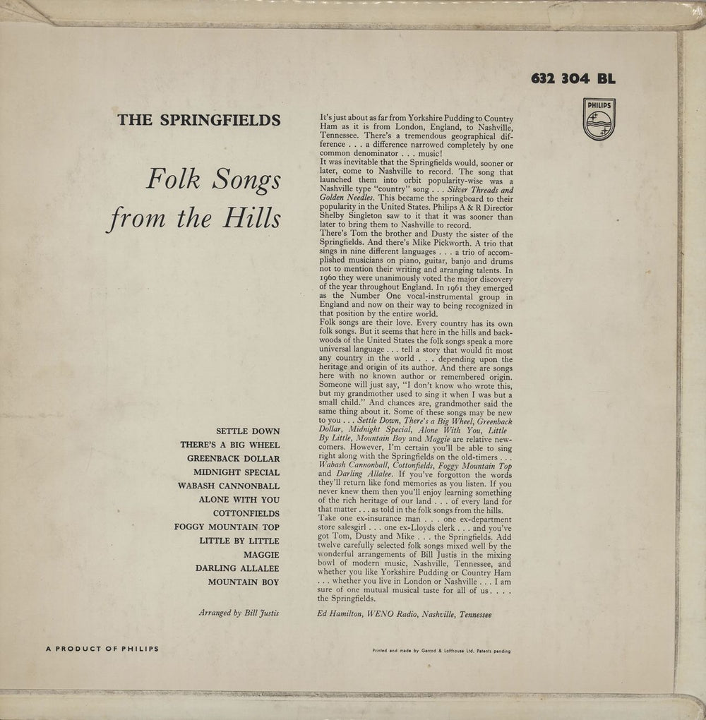 The Springfields (Folk) Folk Songs From The Hills - EX UK vinyl LP album (LP record)