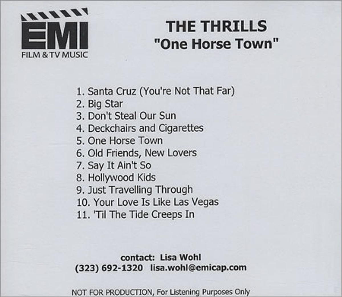 The Thrills One Horse Town US Promo CD-R acetate