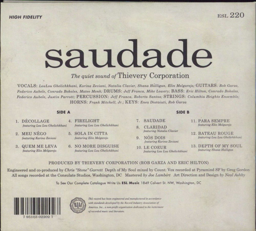Thievery Corporation Saudade US CD album (CDLP) 795103022027