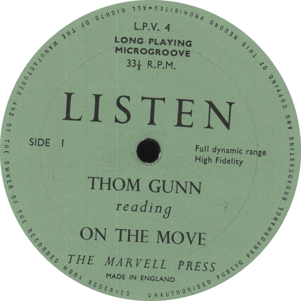 Thom Gunn Reading On The Move UK Promo vinyl LP album (LP record)