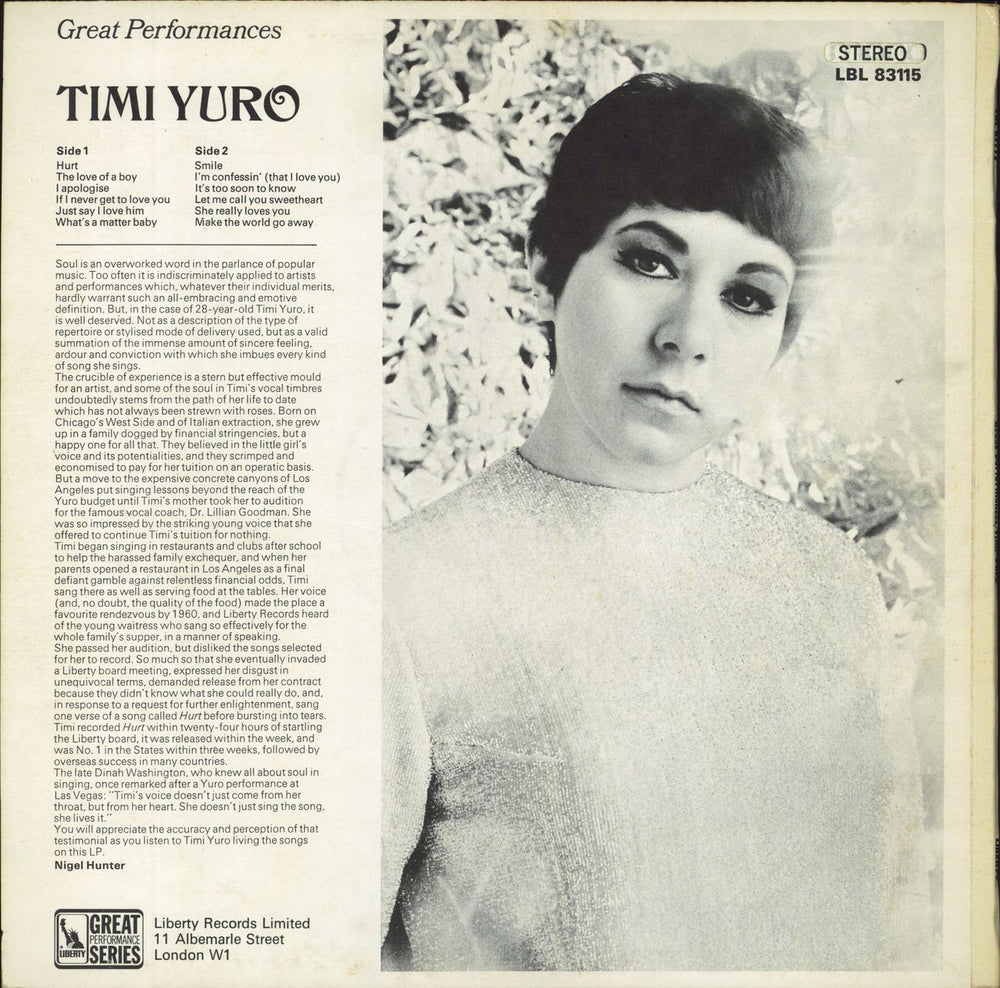 Timi Yuro Great Performances UK vinyl LP album (LP record)