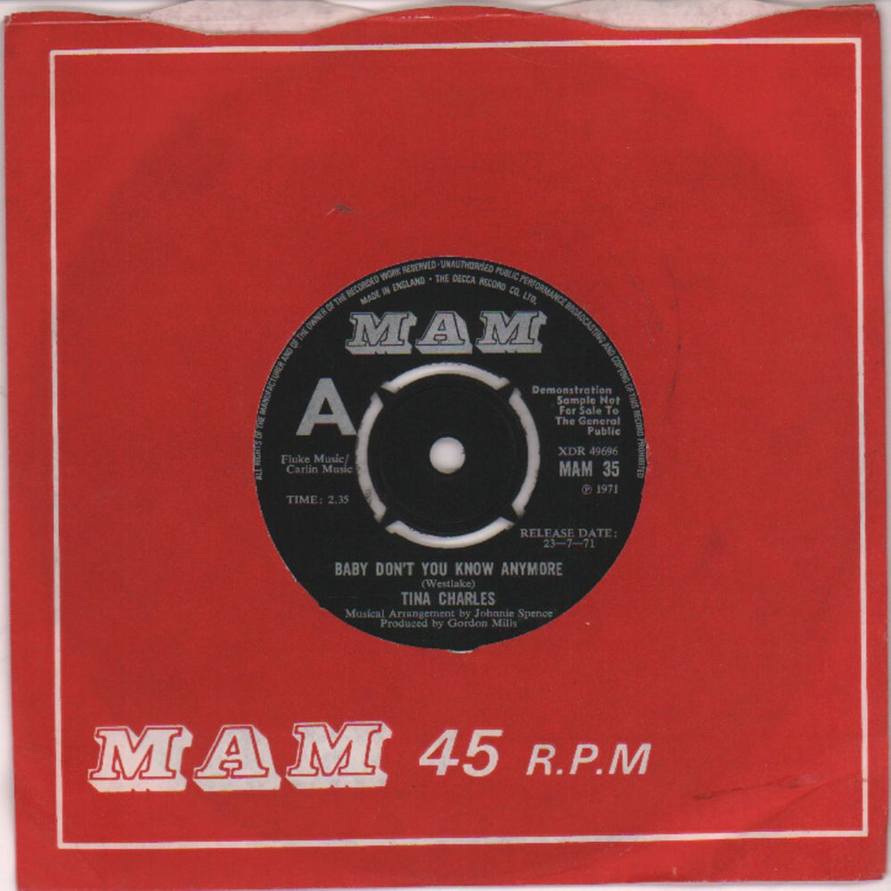 Tina Charles Baby Don't You Know Anymore - A-Label UK Promo 7" vinyl single (7 inch record / 45) MAM35