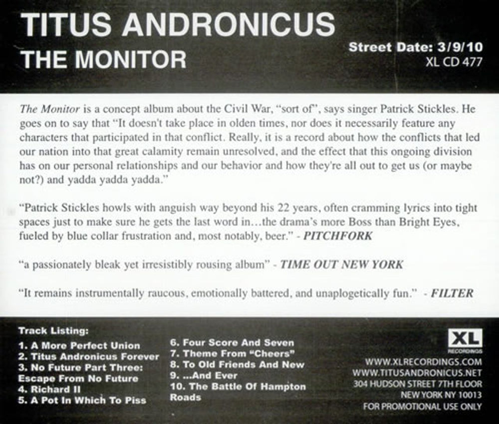 Titus Andronicus The Monitor US Promo CD album (CDLP) XLCD477