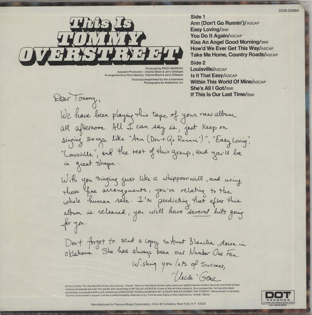 Tommy Overstreet This Is Tommy Overstreet US vinyl LP album (LP record)