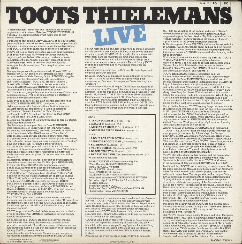 Toots Thielemans Live French vinyl LP album (LP record)