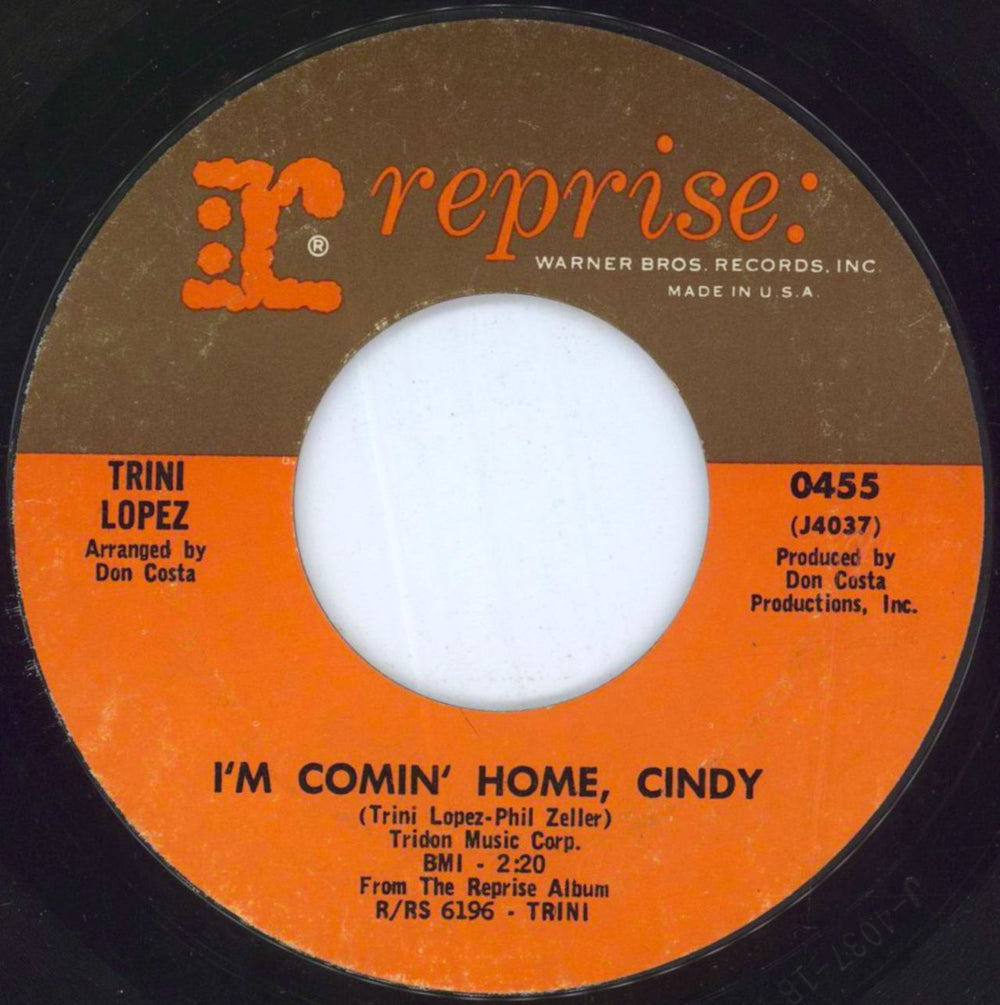 Trini Lopez I'm Comin' Home Cindy US 7" vinyl single (7 inch record / 45) 0455