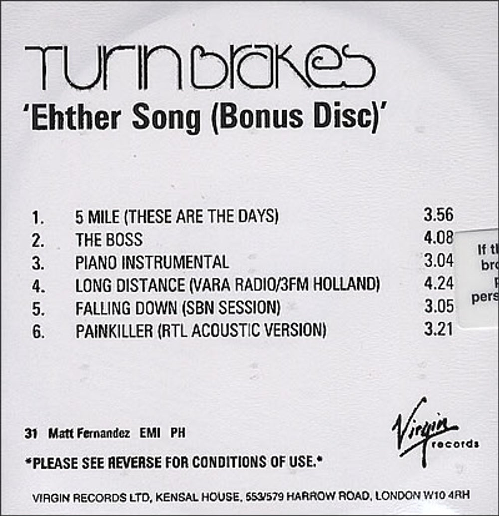 Turin Brakes Ether Song Bonus Disc Philippino Promo CD-R acetate CD ACETATE