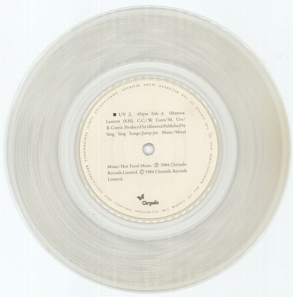 Ultravox Lament - Clear Vinyl - stickered UK 7" vinyl single (7 inch record / 45) VOX07LA28118
