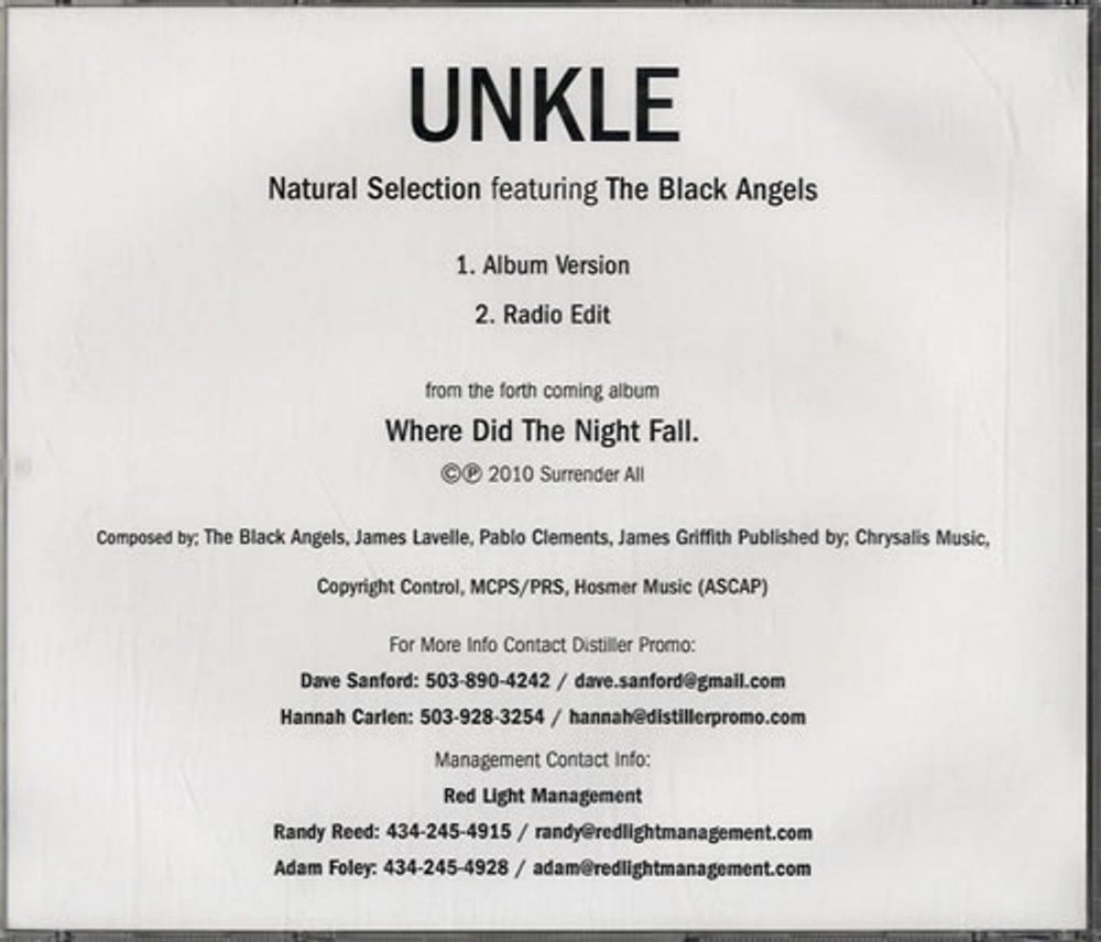 Unkle Natural Selection US Promo CD-R acetate CD-R ACETATE