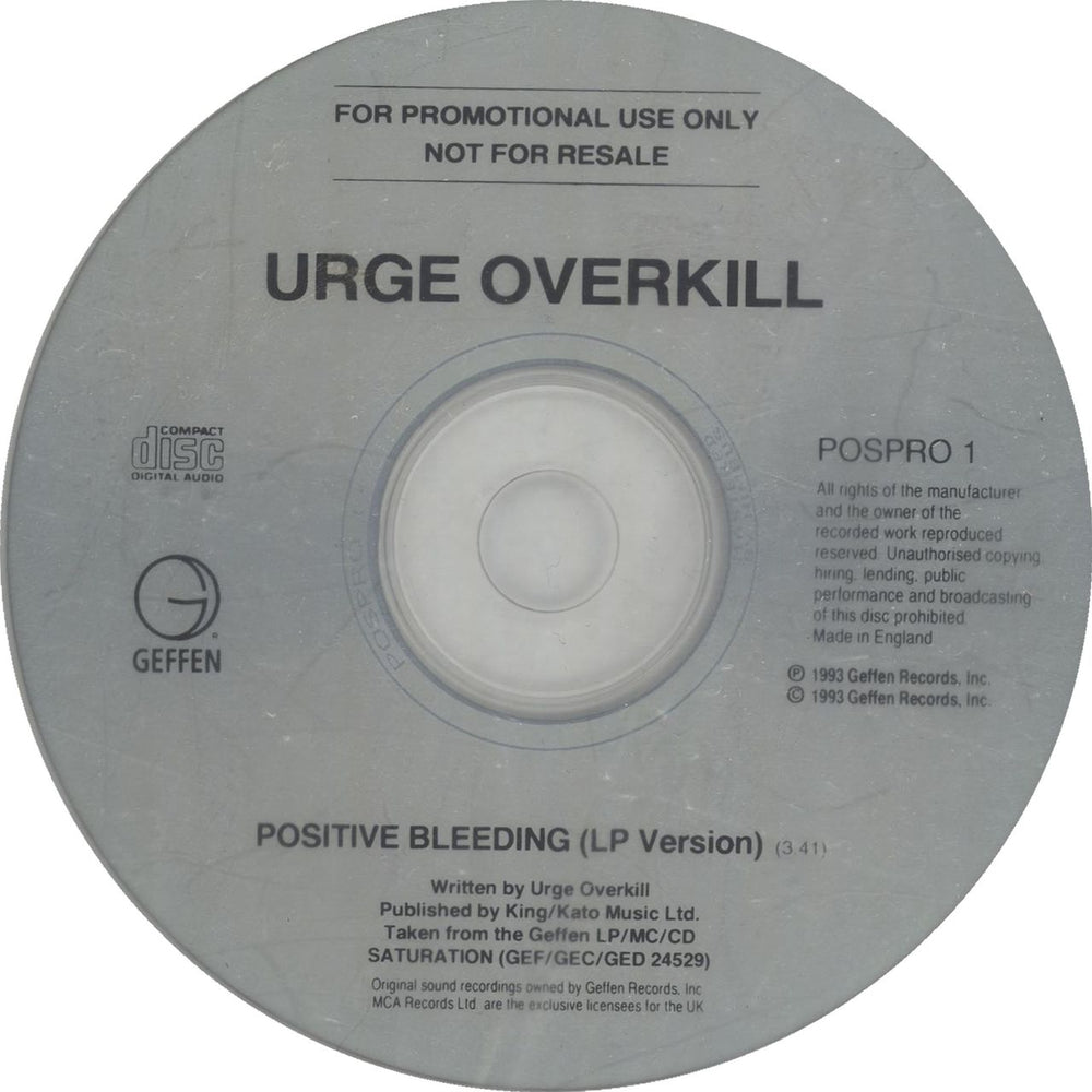 Urge Overkill Positive Bleeding UK Promo CD single (CD5 / 5") POSPRO1