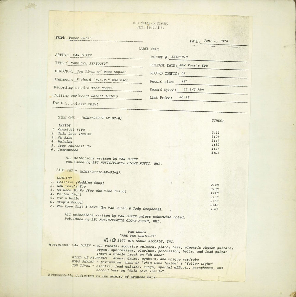 Van Duren Are You Serious? - Test Pressing + Copy Sheet US vinyl LP album (LP record) BSLP-019