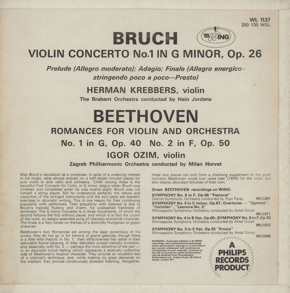 Various-Classical & Orchestral Bruch: Violin Concerto No.1 / Beethoven: Romances For Violin Nos. 1 & 2 UK vinyl LP album (LP record)