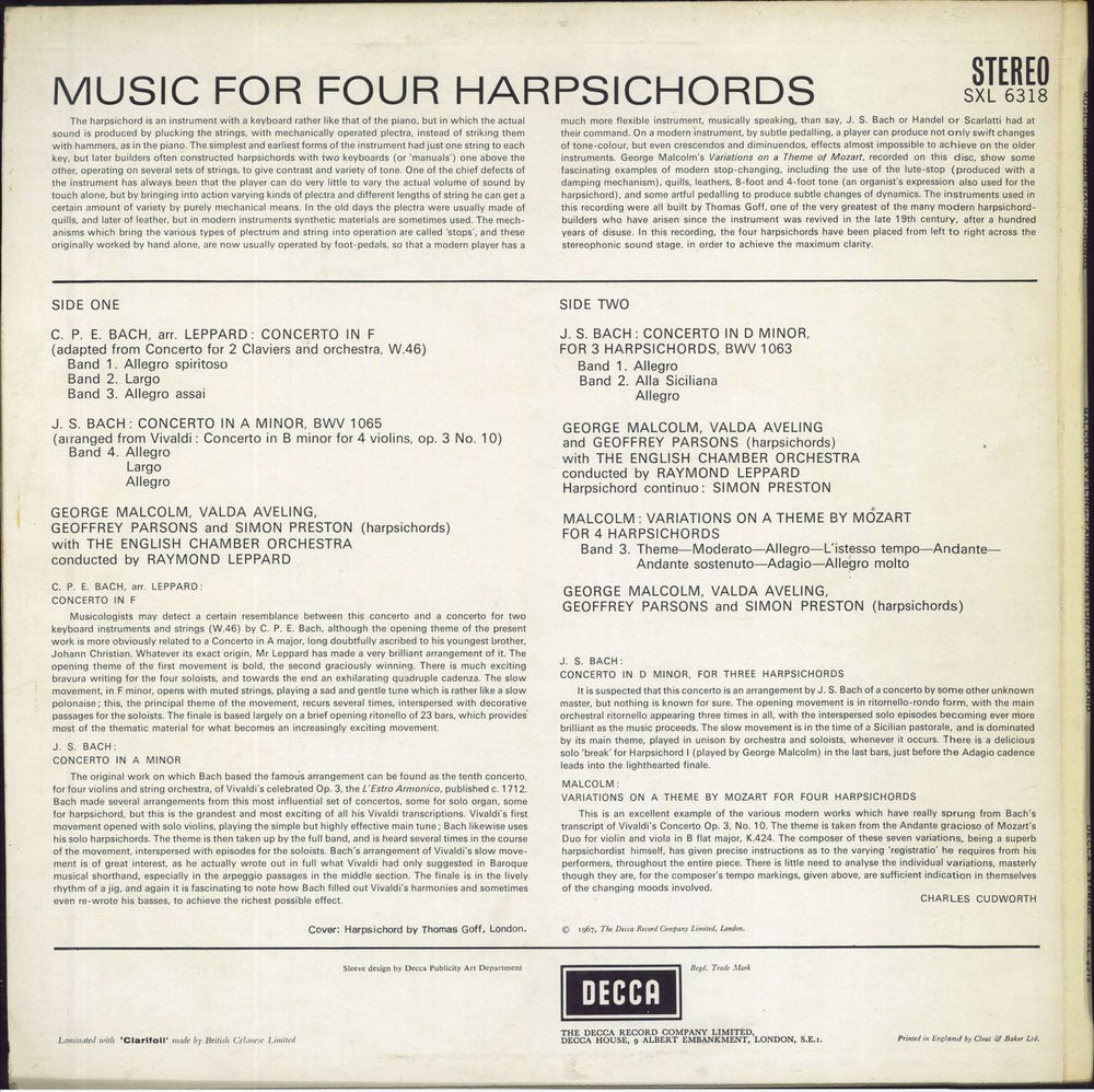 Various-Classical & Orchestral Music For 4 Harpsichords UK vinyl LP album (LP record)