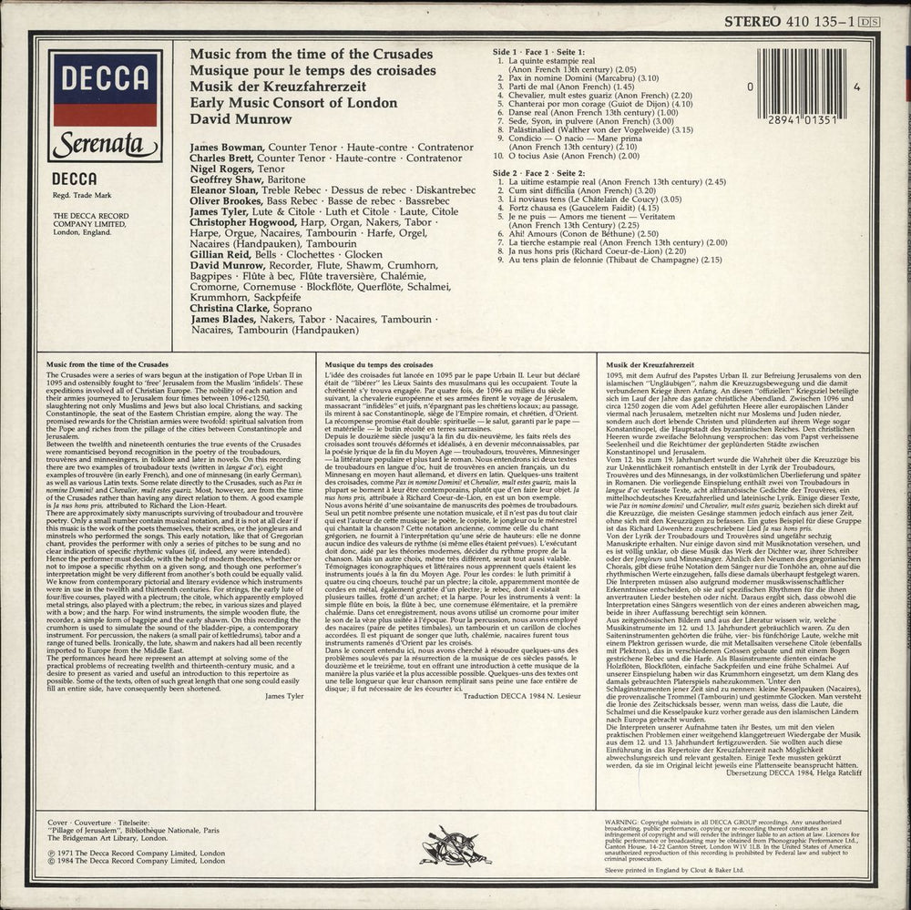 Various-Classical & Orchestral Music From The Time Of The Crusades UK vinyl LP album (LP record) 028941013514