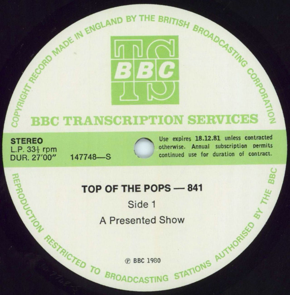 Various-Pop Top Of The Pops 841 UK Promo vinyl LP album (LP record) 147748/49-S