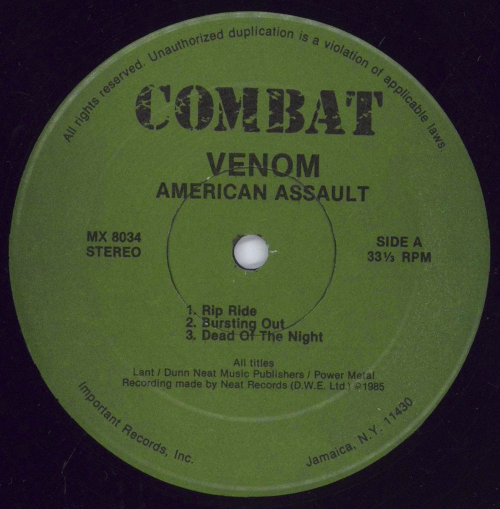 Venom American Assault UK vinyl LP album (LP record) VNMLPAM831169