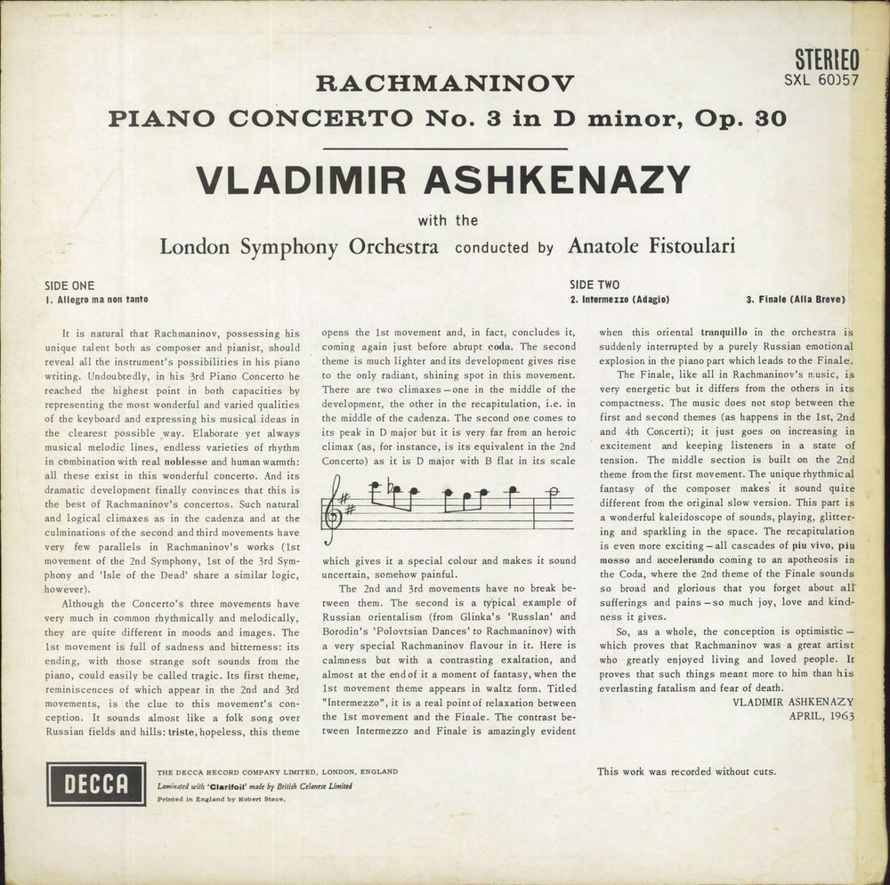 Vladimir Ashkenazy Rachmaninov: Piano Concerto No. 3 - 2nd UK vinyl LP album (LP record)