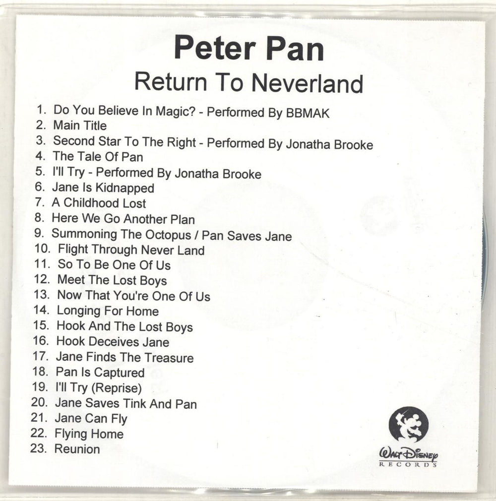 Walt Disney Peter Pan - Return To Neverland UK Promo CD-R acetate CD-R