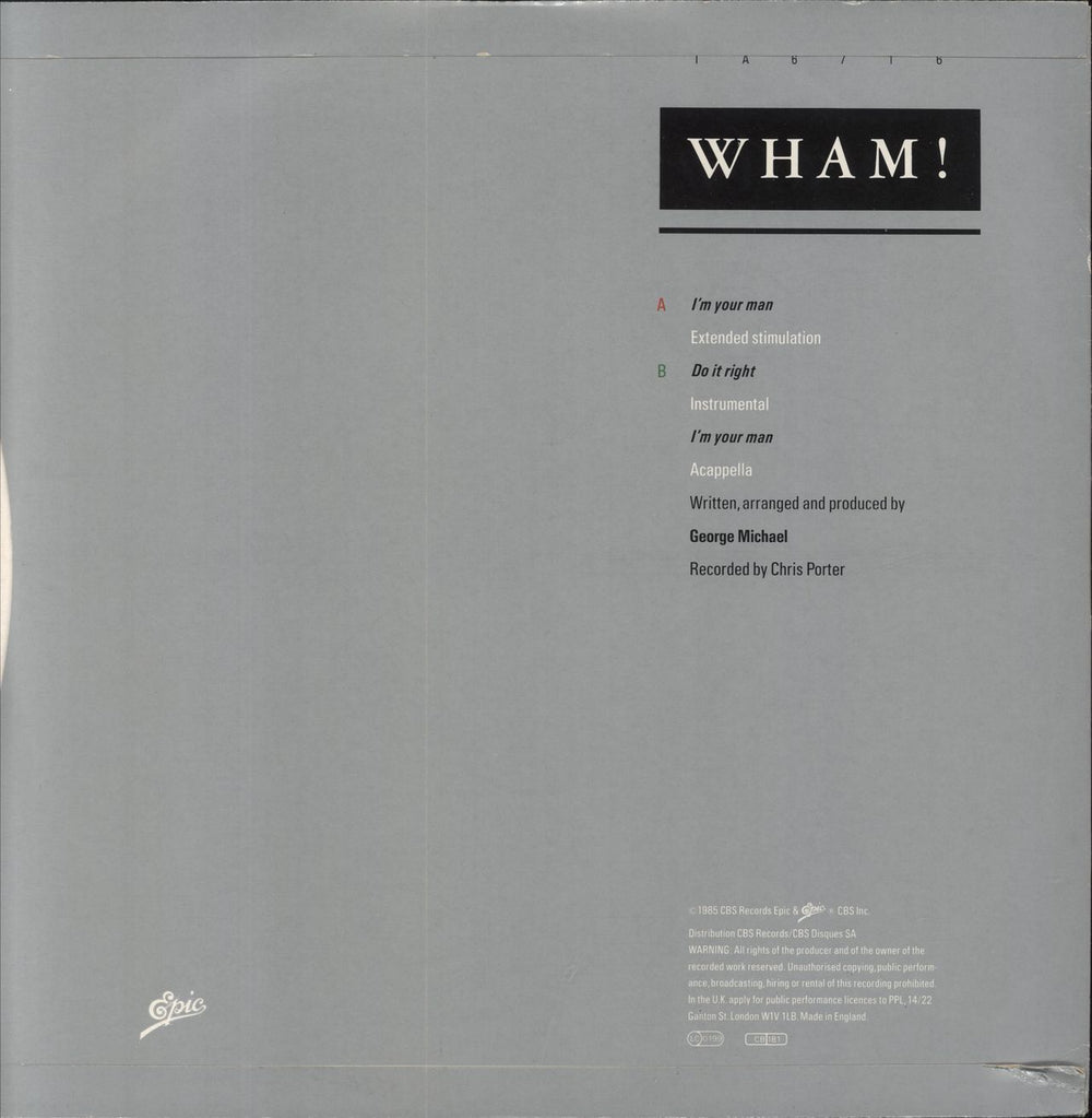 Wham I'm Your Man - VG UK 12" vinyl single (12 inch record / Maxi-single)