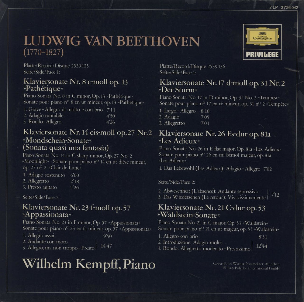 Wilhelm Kempff Beethoven - The Best-Loved Sonatas UK 2-LP vinyl record set (Double LP Album)