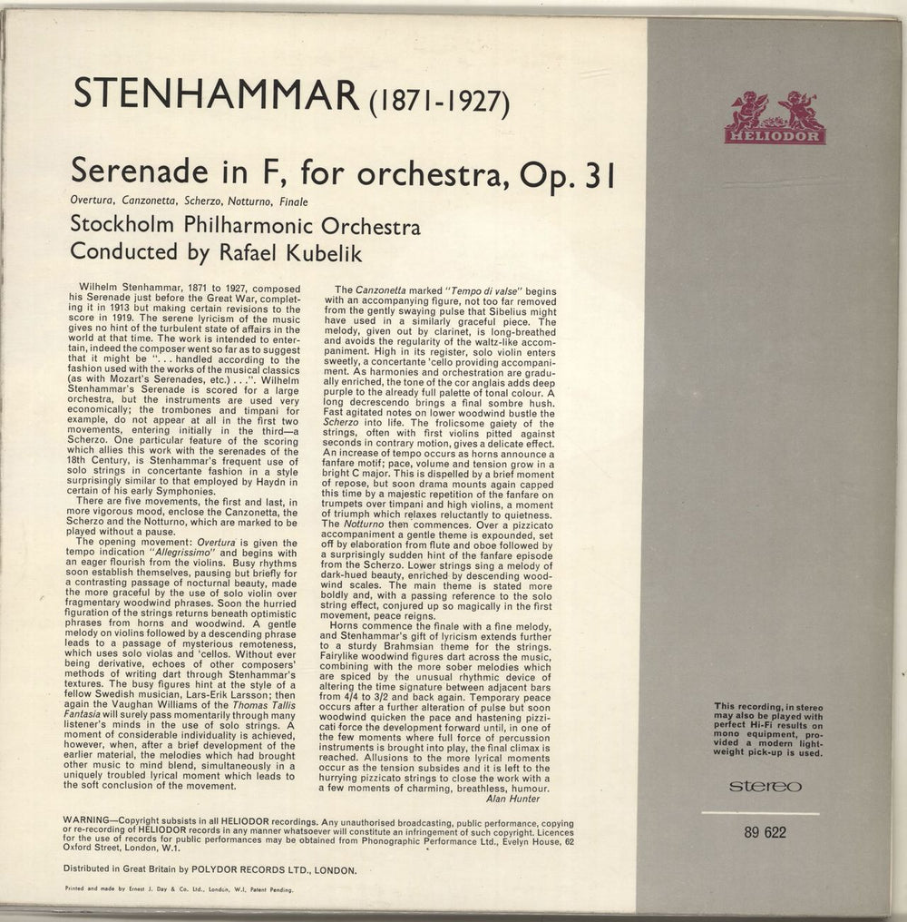 Wilhelm Stenhammar Serenade in F, For Orchestra, Op.31 UK vinyl LP album (LP record)