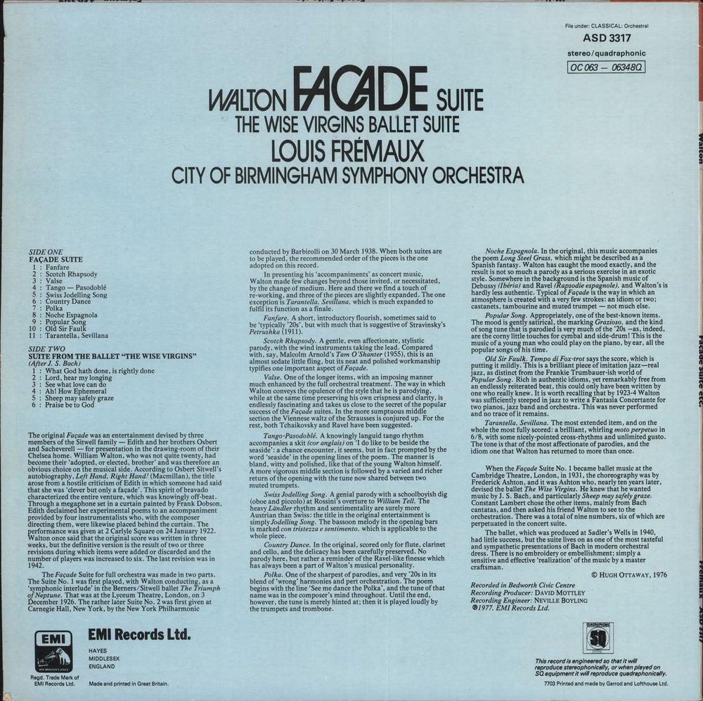 William Walton Facade Suite  / The Wise Virgins Ballet Suite UK vinyl LP album (LP record)