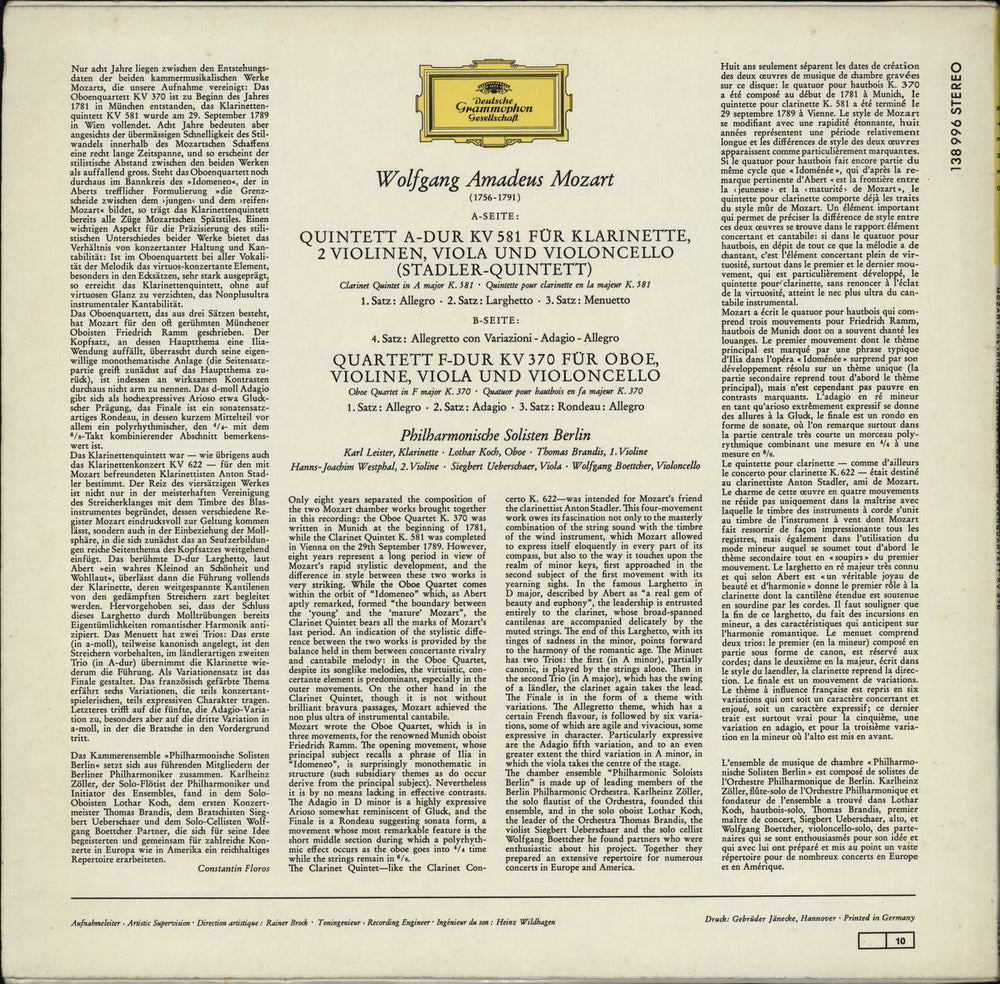 Wolfgang Amadeus Mozart Clarinet Quintet in A, K.581 & Oboe Quartet in F, K.370 UK vinyl LP album (LP record)