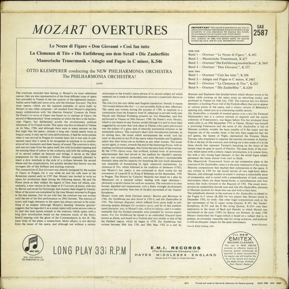 Wolfgang Amadeus Mozart Mozart Overtures UK vinyl LP album (LP record)