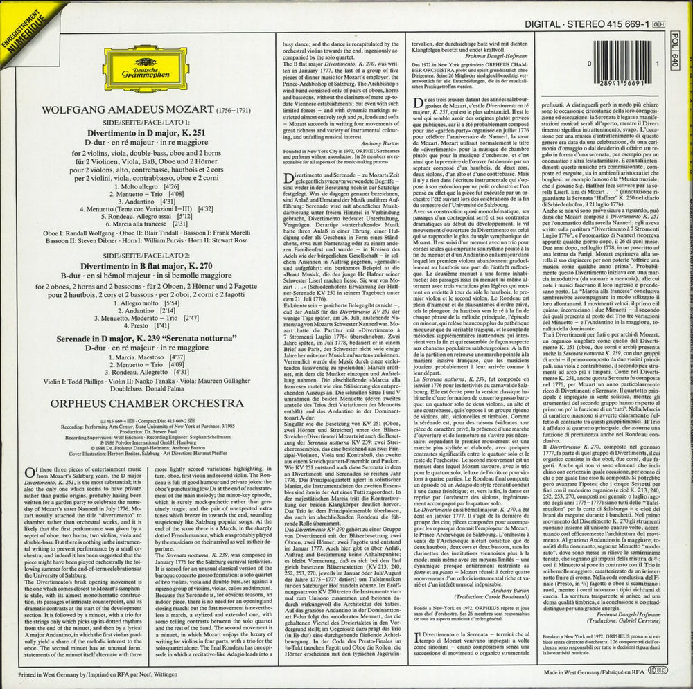 Wolfgang Amadeus Mozart Serenata Notturna K.239 / Divertimenti K.251 & K.270 German vinyl LP album (LP record) 028941566911