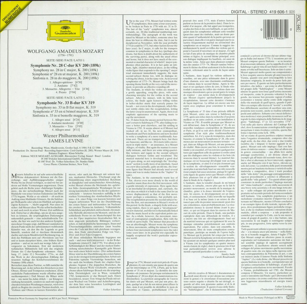 Wolfgang Amadeus Mozart Symphonien Nos. 28 & 33 German vinyl LP album (LP record) 028941960610