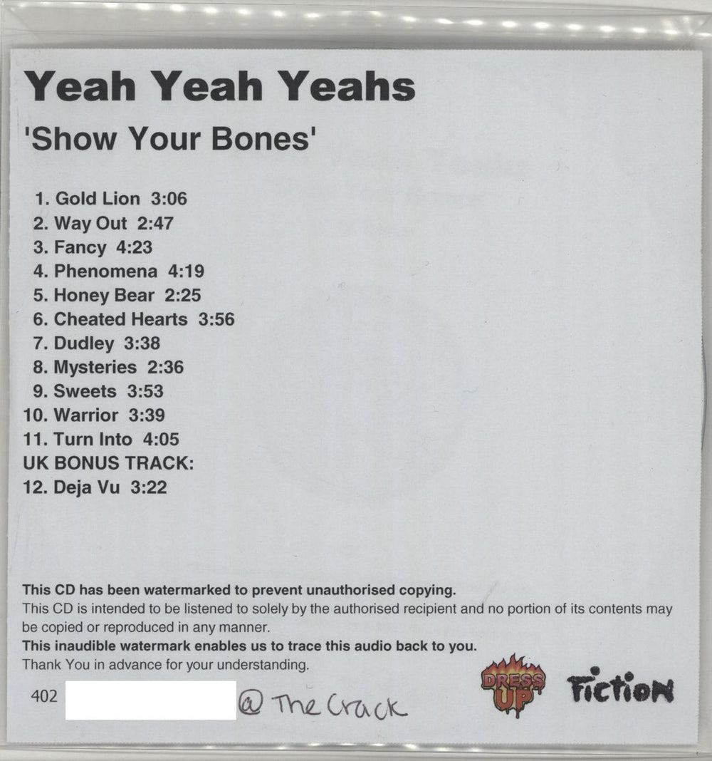 Yeah Yeah Yeahs Show Your Bones UK Promo CD-R acetate CD-R