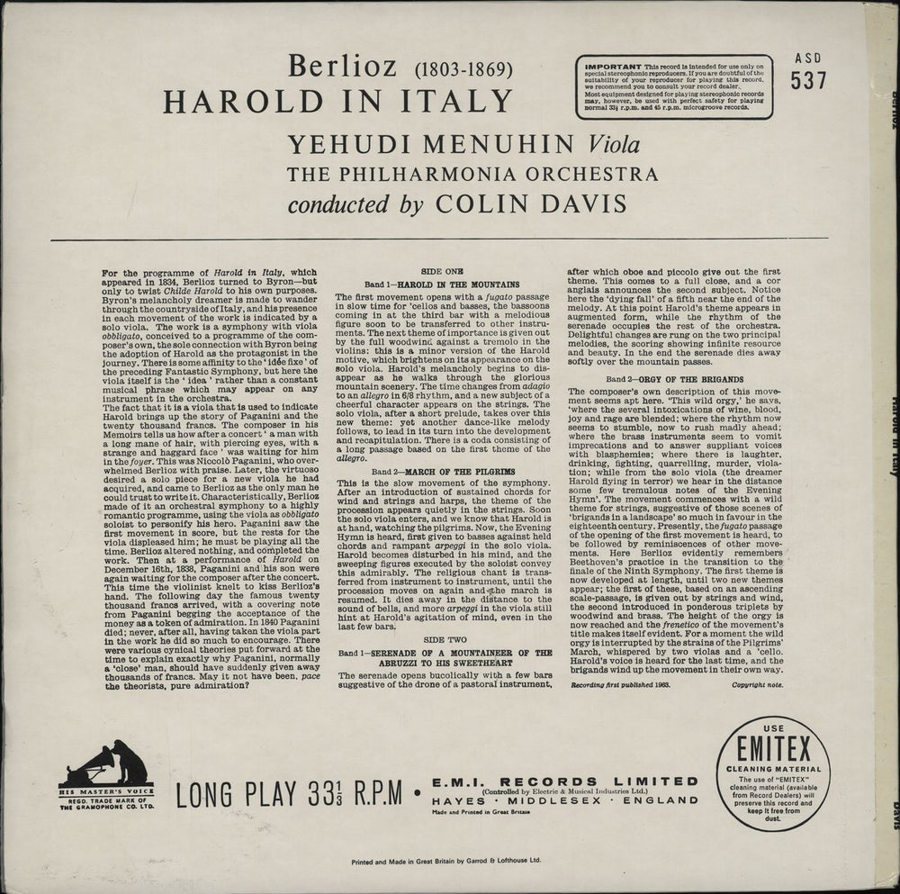 Yehudi Menuhin Berlioz: Harold In Italy - 3rd UK vinyl LP album (LP record)