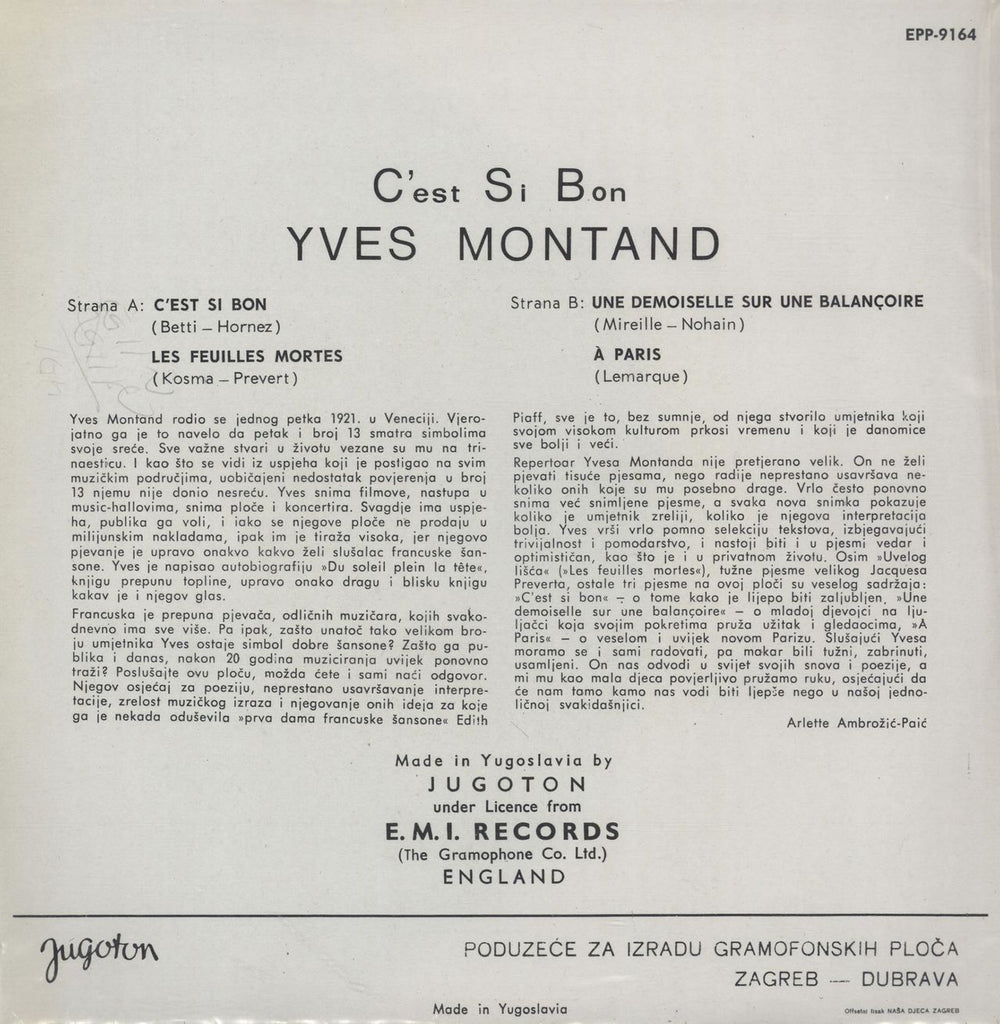 Yves Montand C'est Si Bon - 2nd Yugoslavian 7" vinyl single (7 inch record / 45)